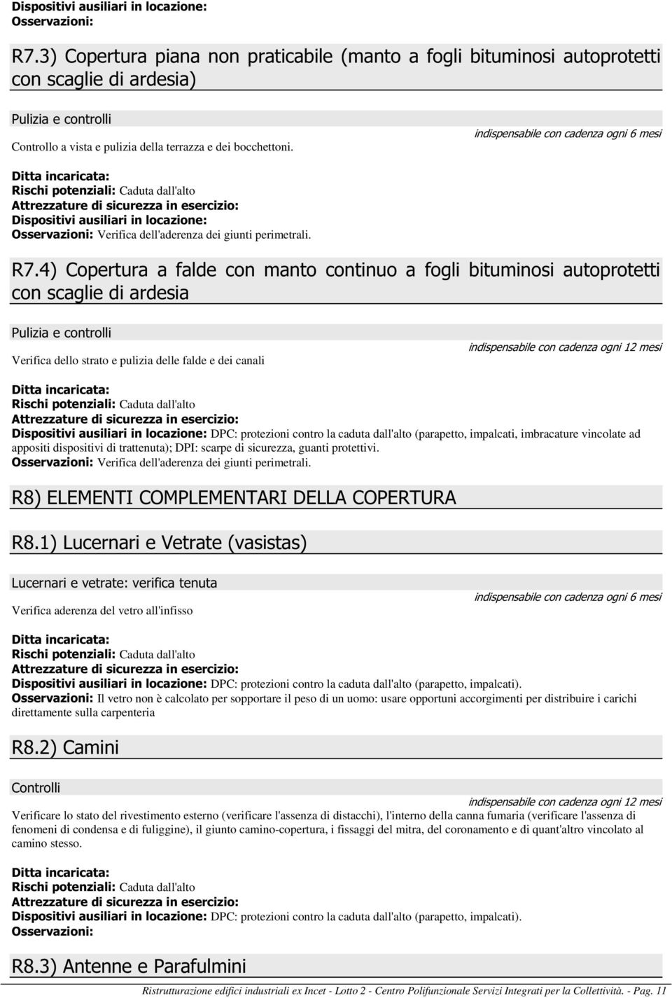 4) Copertura a falde con manto continuo a fogli bituminosi autoprotetti con scaglie di ardesia Pulizia e controlli Verifica dello strato e pulizia delle falde e dei canali Caduta dall'alto DPC: