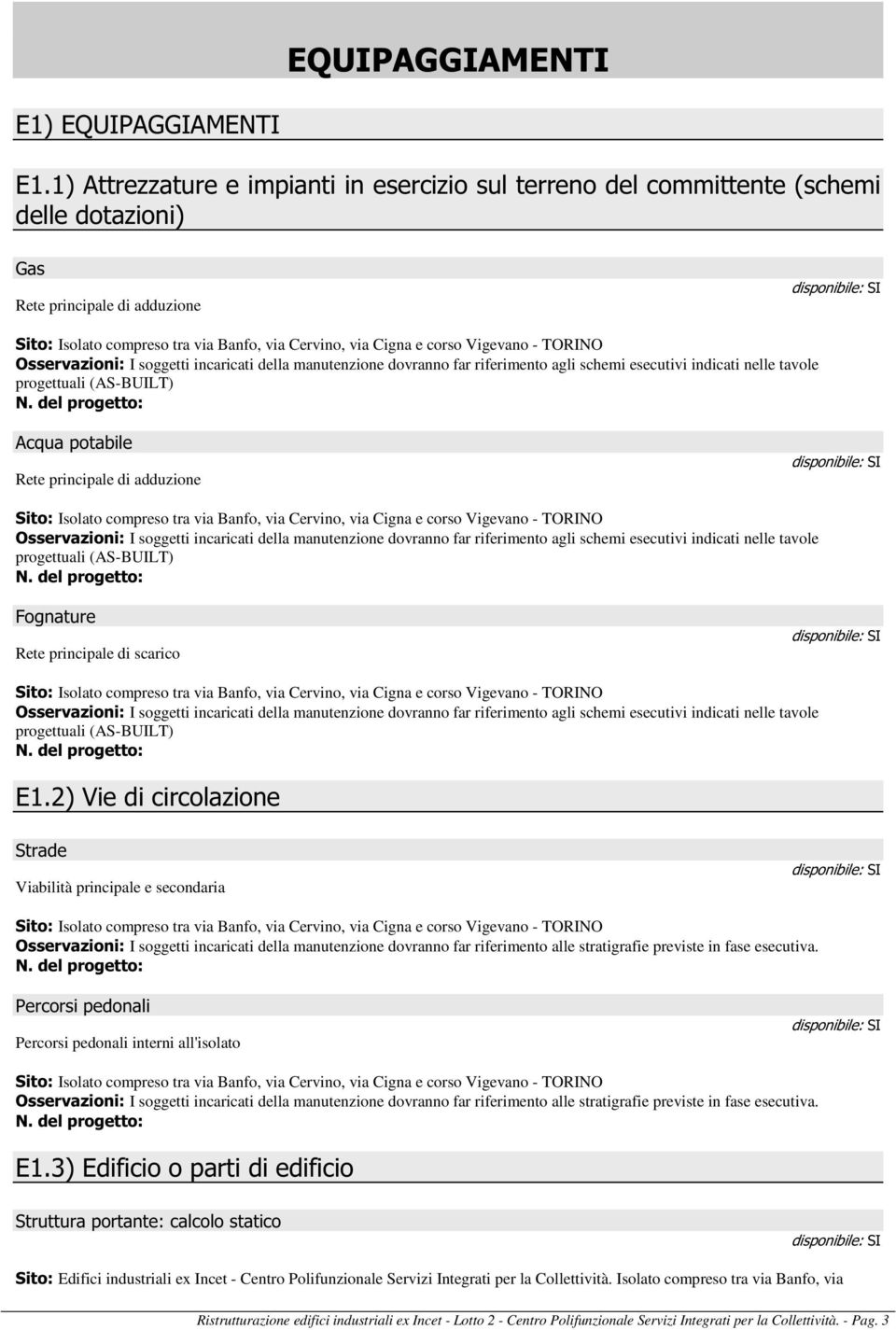 Cigna e corso Vigevano - TORINO I soggetti incaricati della manutenzione dovranno far riferimento agli schemi esecutivi indicati nelle tavole progettuali (AS-BUILT) N.