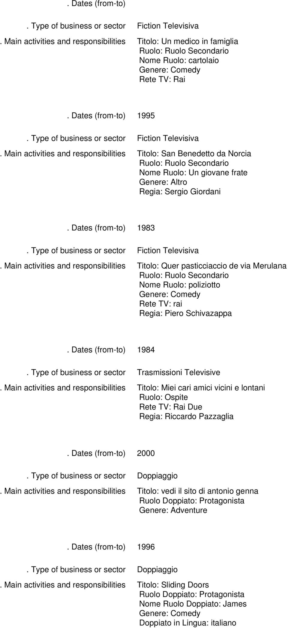 Titolo: Miei cari amici vicini e lontani Ruolo: Ospite Rete TV: Rai Due Regia: Riccardo Pazzaglia 2000 Doppiaggio Titolo: vedi il sito di antonio genna Ruolo