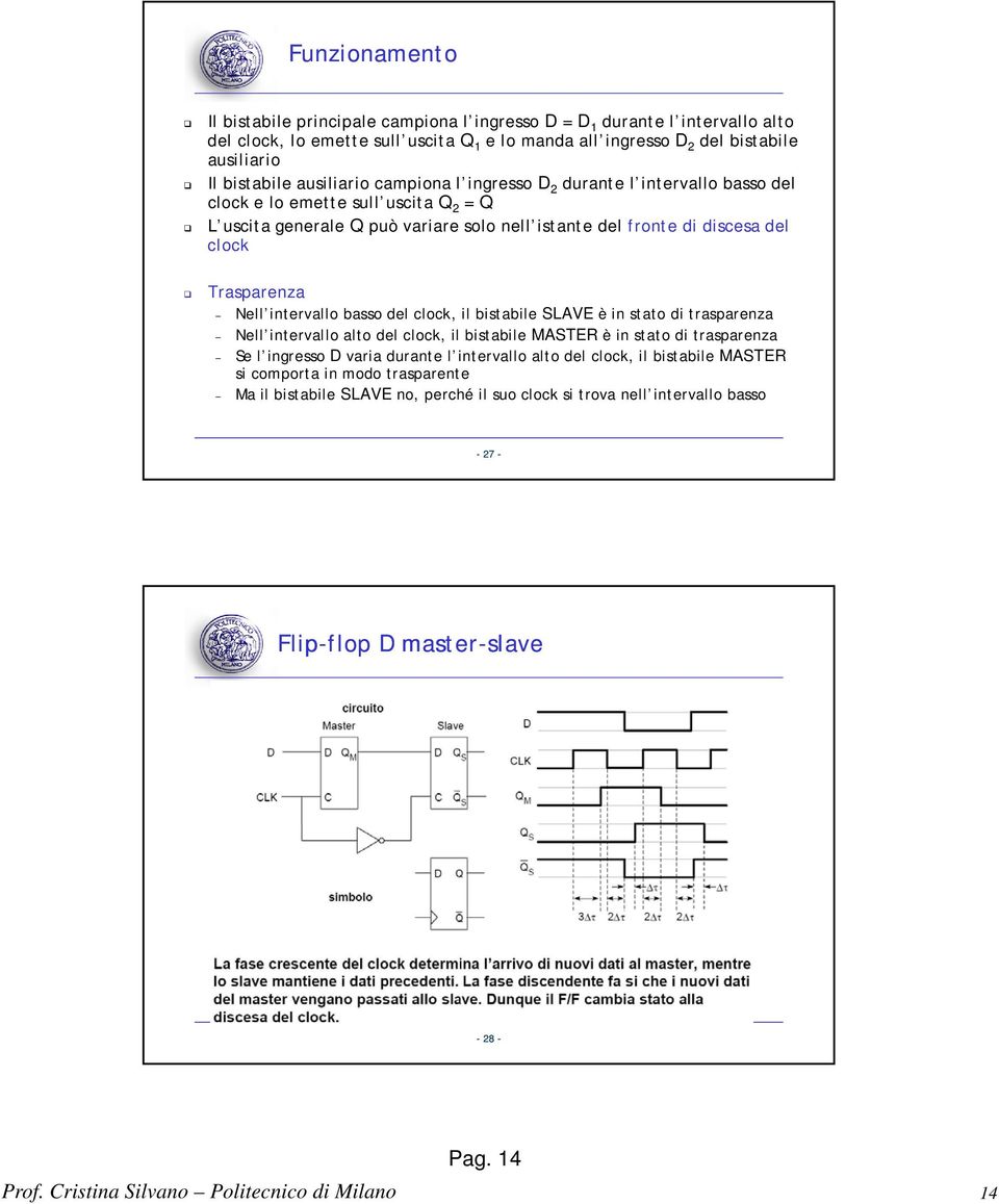 basso del clock, il bistabile SLAVE è in stato di trasparenza Nell intervallo alto del clock, il bistabile MASTER è in stato di trasparenza Se l ingresso varia durante l intervallo alto del clock, il