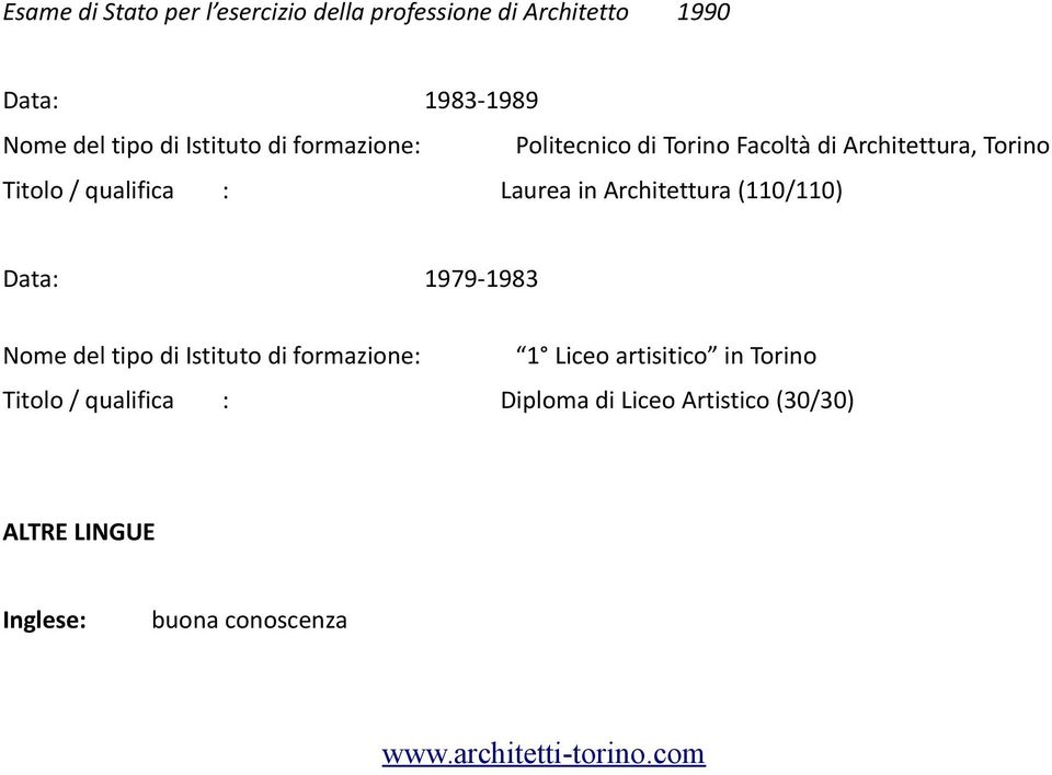Architettura (110/110) Data: 1979-1983 Nome del tipo di Istituto di formazione: 1 Liceo artisitico in Torino