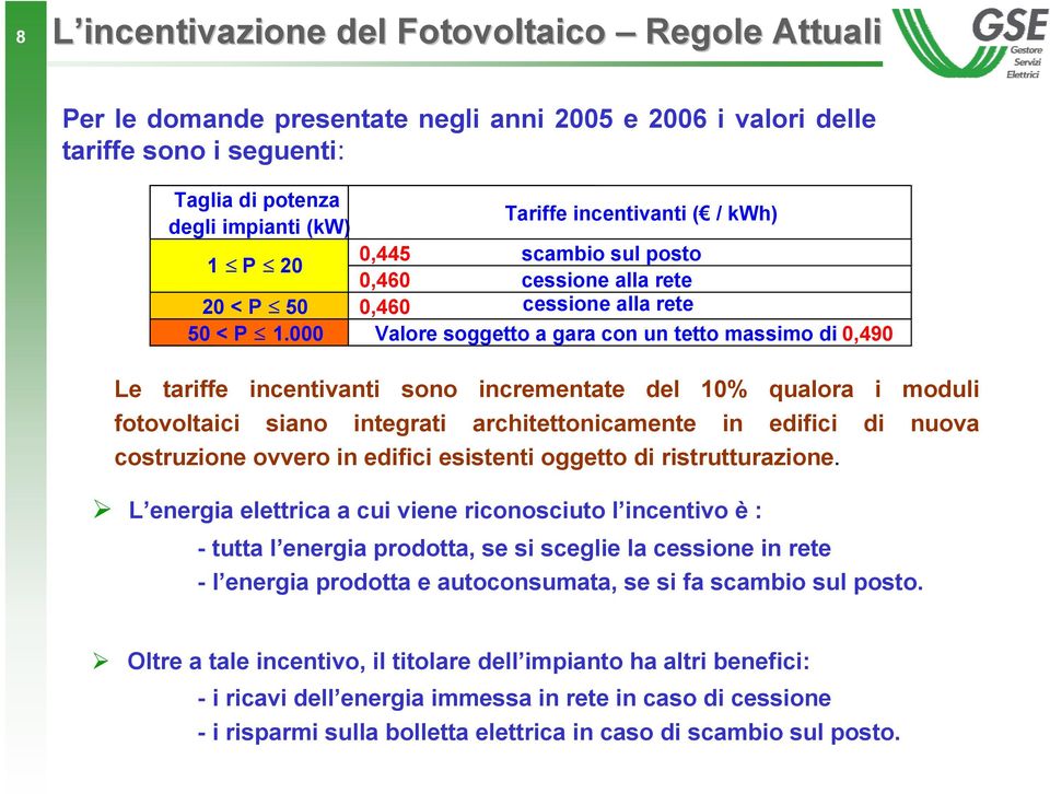 000 Valore soggetto a gara con un tetto massimo di 0,490 Le tariffe incentivanti sono incrementate del 10% qualora i moduli fotovoltaici siano integrati architettonicamente in edifici di nuova