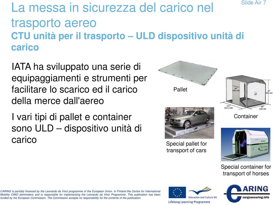 scarico ed il carico della merce dall'aereo I vari tipi di pallet e container sono ULD dispositivo