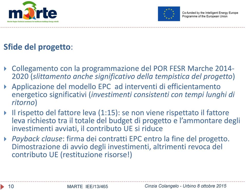 (1:15): se non viene rispettato il fattore leva richiesto tra il totale del budget di progetto e l ammontare degli investimenti avviati, il contributo UE si riduce