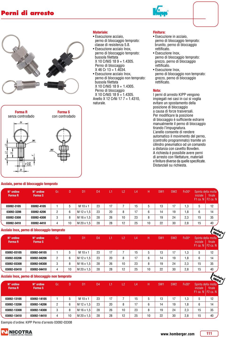 Esecuzione acciaio Inox, perno di bloccaggio non temprato: bussola filettata X CrNiS =.. Perno di bloccaggio X CrNiS =.. Anello X CrNi =., naturale.