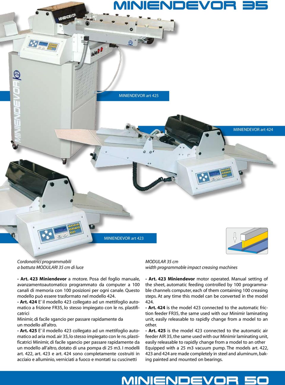 424 E il modello 423 collegato ad un mettifoglio automatico a frizione FR35, lo stesso impiegato con le ns. plastificatrici Minimir, di facile sgancio per passare rapidamente da un modello all altro.