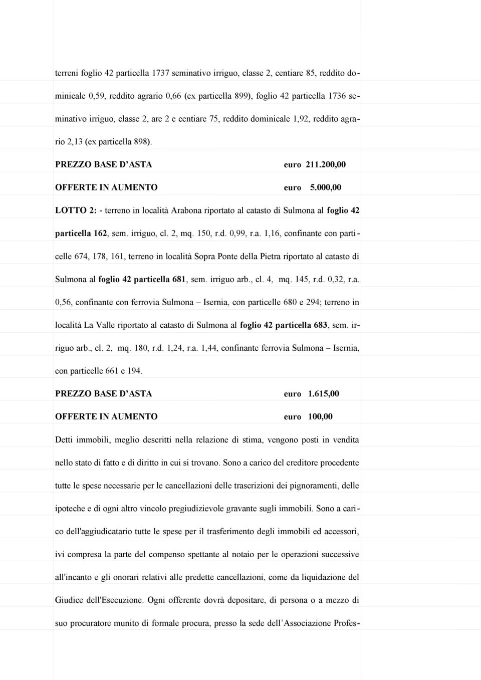 000,00 LOTTO 2: - terreno in località Arabona riportato al catasto di Sulmona al foglio 42 particella 162, sem. irriguo, cl. 2, mq. 150, r.d. 0,99, r.a. 1,16, confinante con particelle 674, 178, 161, terreno in località Sopra Ponte della Pietra riportato al catasto di Sulmona al foglio 42 particella 681, sem.