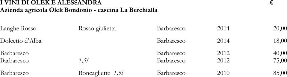 Alba Barbaresco 2014 18,00 Barbaresco Barbaresco 2012 40,00 Barbaresco