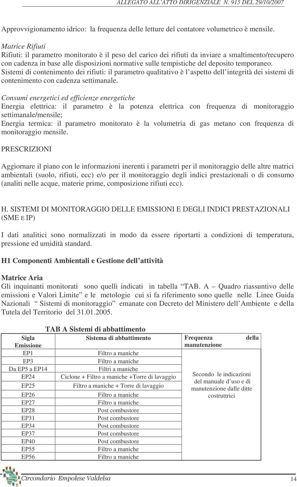 temporaneo. Sistemi di contenimento dei rifiuti: il parametro qualitativo è l aspetto dell integrità dei sistemi di contenimento con cadenza settimanale.