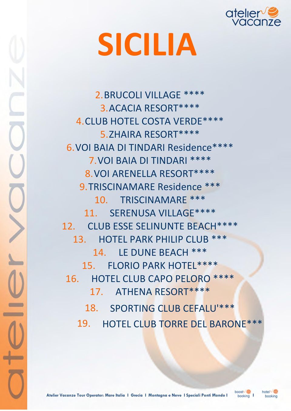 TRISCINAMARE *** 11. SERENUSA VILLAGE**** 12. CLUB ESSE SELINUNTE BEACH**** 13. HOTEL PARK PHILIP CLUB *** 14.