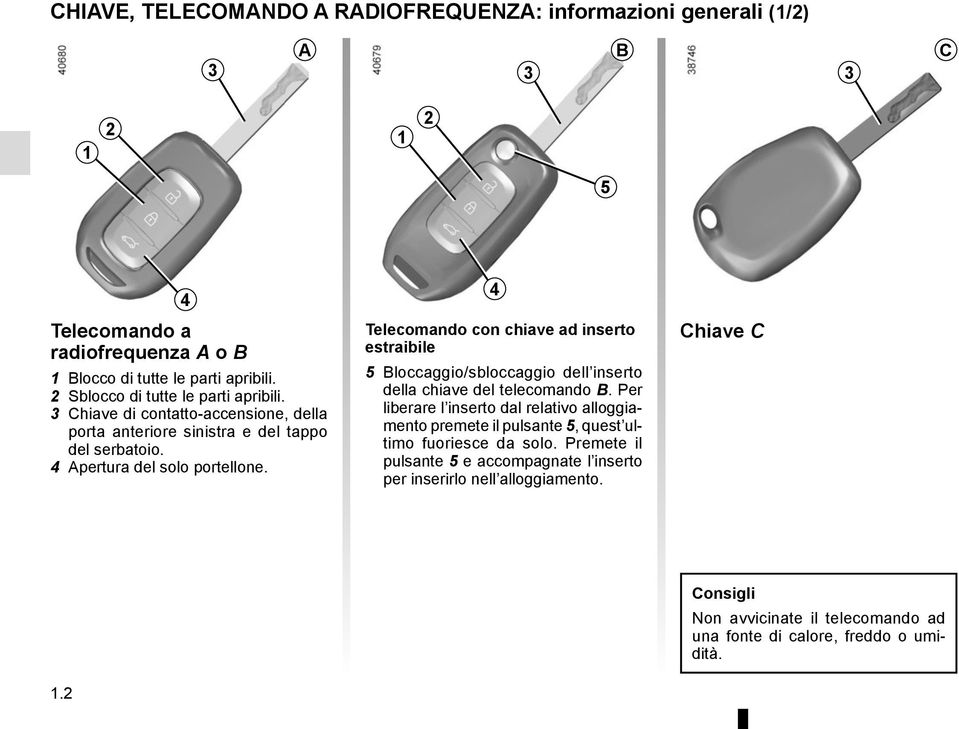 4 Telecomando con chiave ad inserto estraibile 5 Bloccaggio/sbloccaggio dell inserto della chiave del telecomando B.