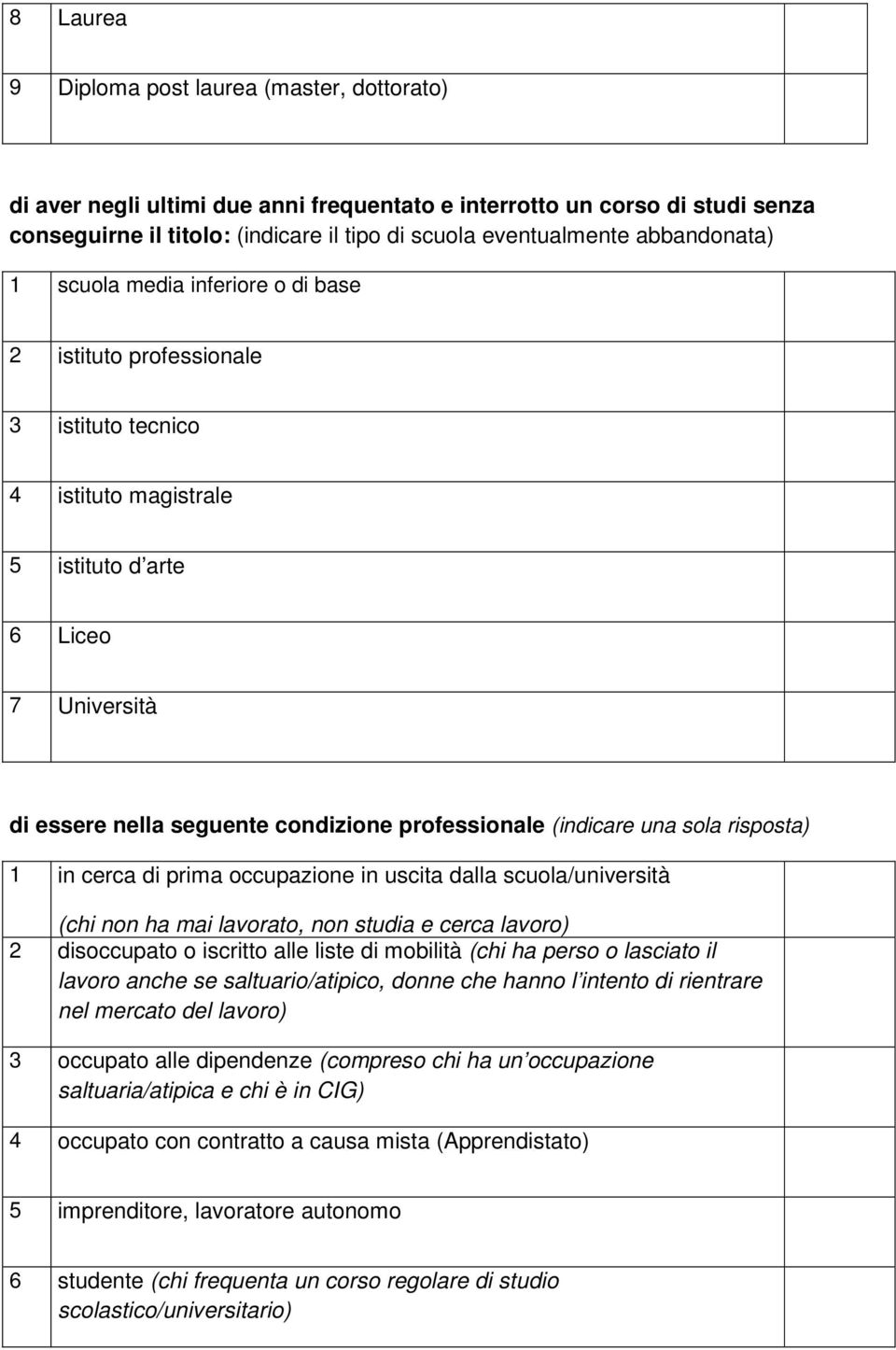 professionale (indicare una sola risposta) 1 in cerca di prima occupazione in uscita dalla scuola/università (chi non ha mai lavorato, non studia e cerca lavoro) 2 disoccupato o iscritto alle liste