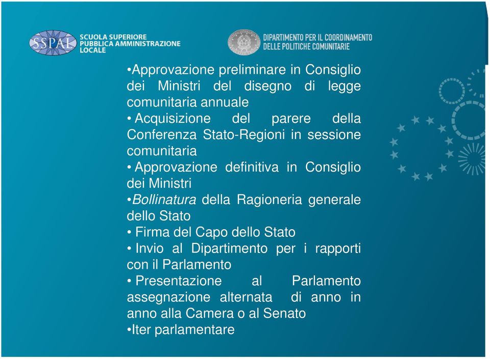 Bollinatura della Ragioneria generale dello Stato Firma del Capo dello Stato Invio al Dipartimento per i rapporti