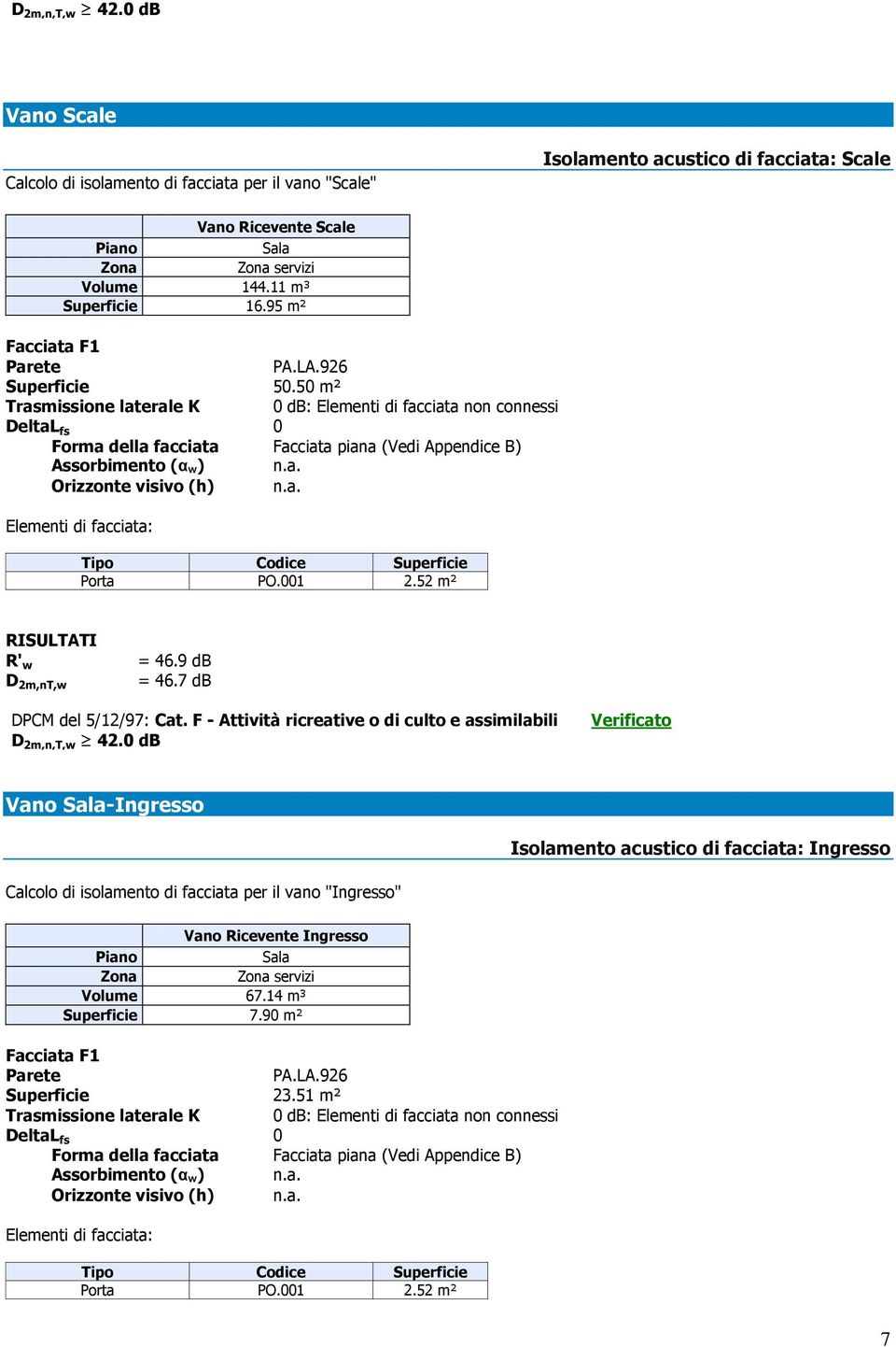 7 db Vano -Ingresso Isolamento acustico di facciata: Ingresso Calcolo di isolamento di facciata per il vano "Ingresso" Vano