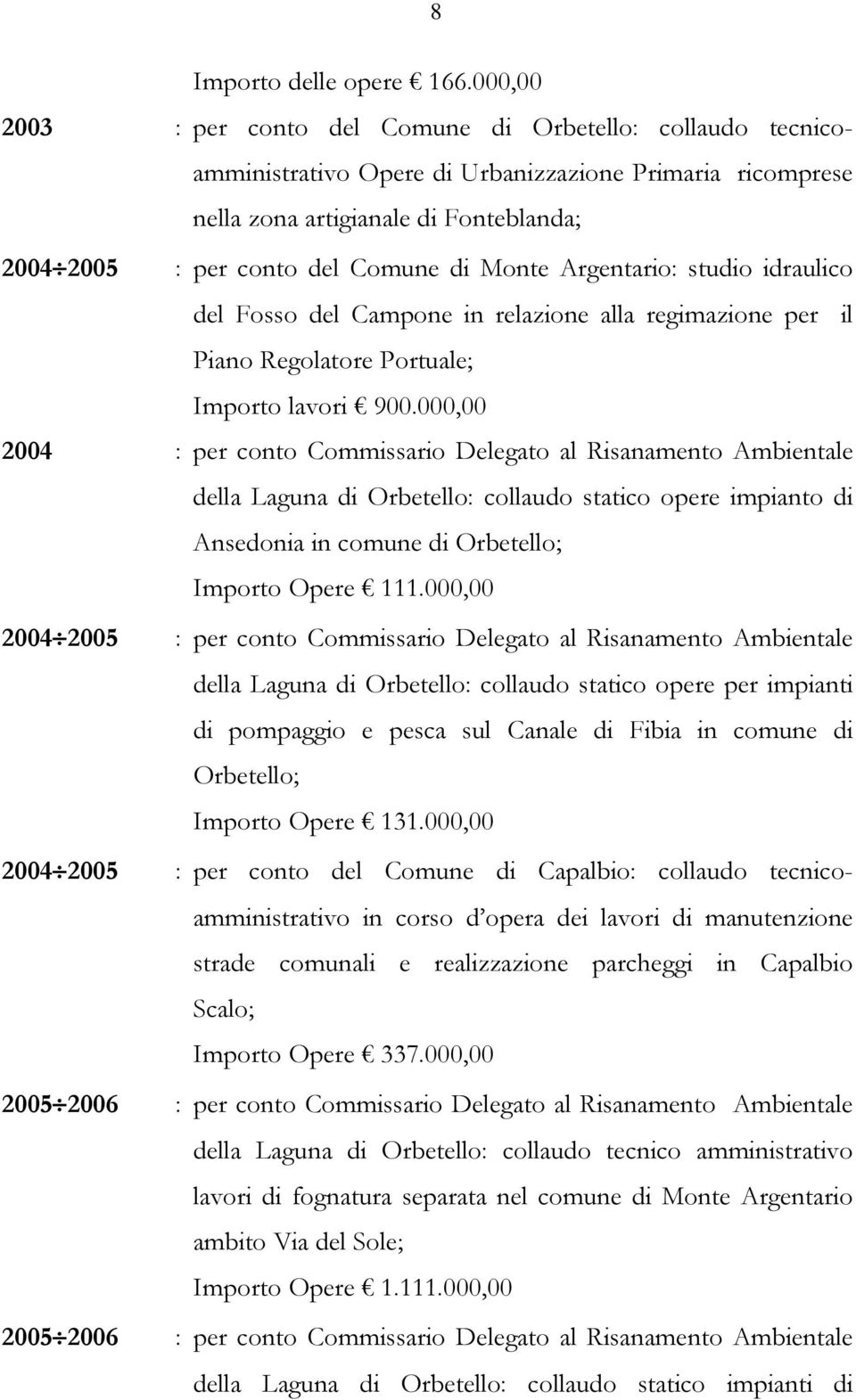 Monte Argentario: studio idraulico del Fosso del Campone in relazione alla regimazione per il Piano Regolatore Portuale; Importo lavori 900.