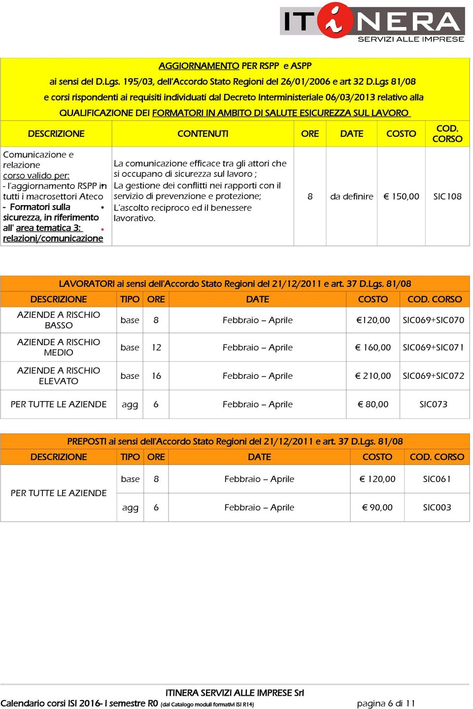 CONTENUTI ORE DATE COSTO Comunicazione e relazione corso valido per: - l'aggiornamento RSPP in La comunicazione efficace tra gli attori che si occupano di sicurezza sul lavoro ; La gestione dei