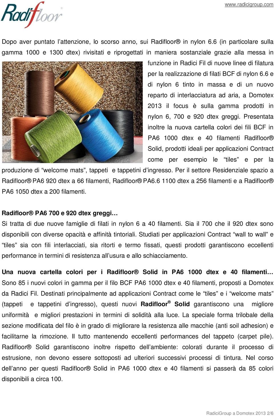 BCF di nylon 6.6 e di nylon 6 tinto in massa e di un nuovo reparto di interlacciatura ad aria, a Domotex 2013 il focus è sulla gamma prodotti in nylon 6, 700 e 920 dtex greggi.