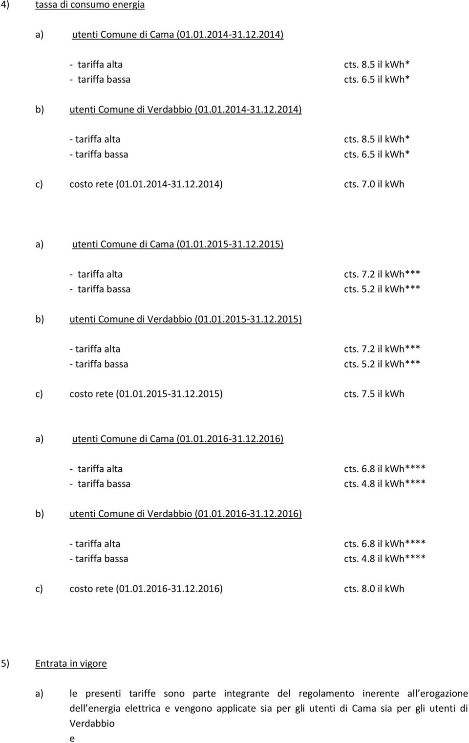 01.2015-31.12.2015) cts. 7.5 il kwh a) utenti Comune di Cama (01.01.2016-31.12.2016) - tariffa alta cts. 6.8 il kwh**** - tariffa bassa cts. 4.8 il kwh**** b) utenti Comune di Verdabbio (01.01.2016-31.12.2016) - tariffa alta cts. 6.8 il kwh**** - tariffa bassa cts. 4.8 il kwh**** c) costo rete (01.