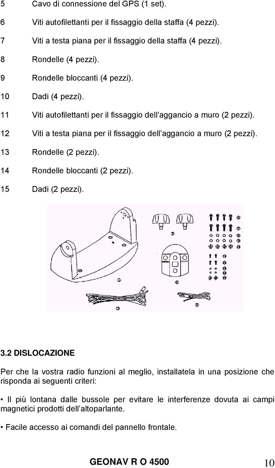 12 Viti a testa piana per il fissaggio dell aggancio a muro (2 pezzi). 13 Rondelle (2 pezzi). 14 Rondelle bloccanti (2 pezzi). 15 Dadi (2 pezzi). 3.