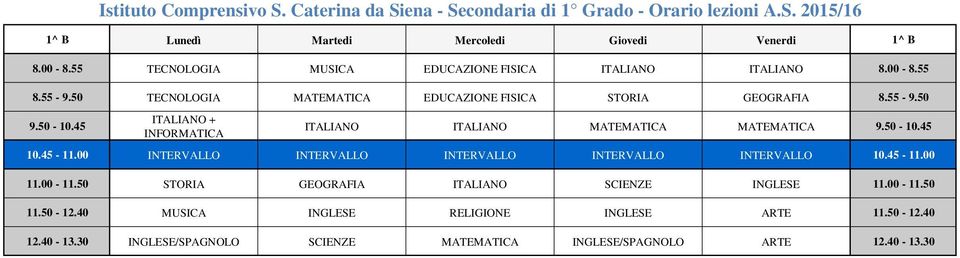 Caterina da Siena - Secondaria di 1 Grado - Orario lezioni A.S. 2015/16 ITALIANO ITALIANO MATEMATICA MATEMATICA 9.50-10.45 11.00-11.