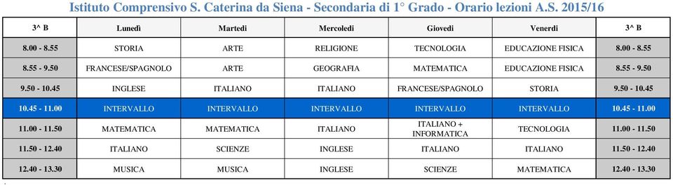 45 INGLESE ITALIANO ITALIANO FRANCESE/SPAGNOLO STORIA 9.50-10.45 11.00-11.