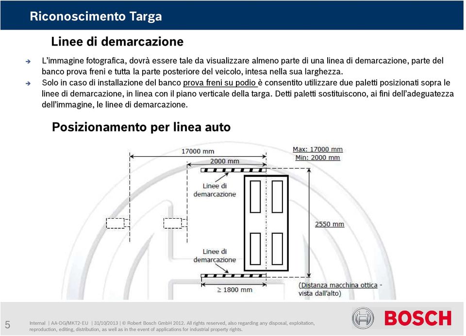 Solo in caso di installazione del banco prova freni su podio è consentito utilizzare due paletti posizionati sopra le linee di demarcazione, in linea con il piano