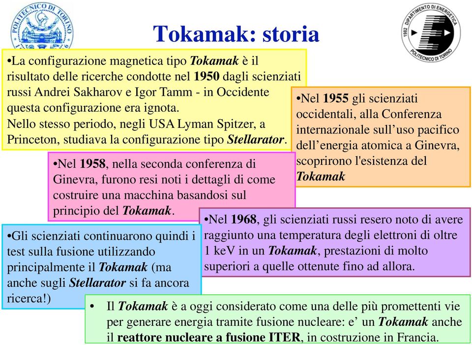 Nel 1958, nella seconda conferenza di Ginevra, furono resi noti i dettagli di come costruire una macchina basandosi sul principio del Tokamak.