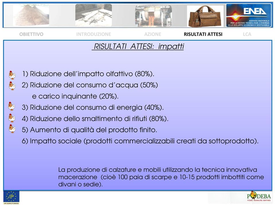 4) Riduzione dello smaltimento di rifiuti (80%). 5) Aumento di qualità del prodotto finito.