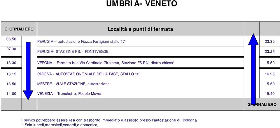 15 PADOVA AUTOSTAZIONE VIALE DELLA PACE, STALLO 12 16.25 13.50 MESTRE VIALE STAZIONE, autostazione 15.50 14.