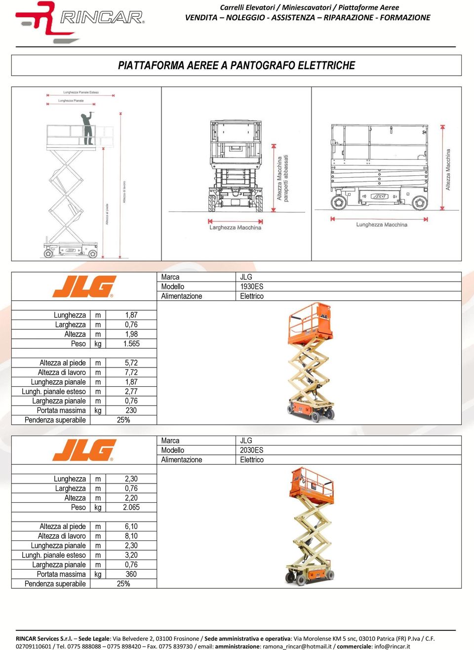 pianale esteso m 2,77 Larghezza pianale m 0,76 Portata massima kg 230 2030ES