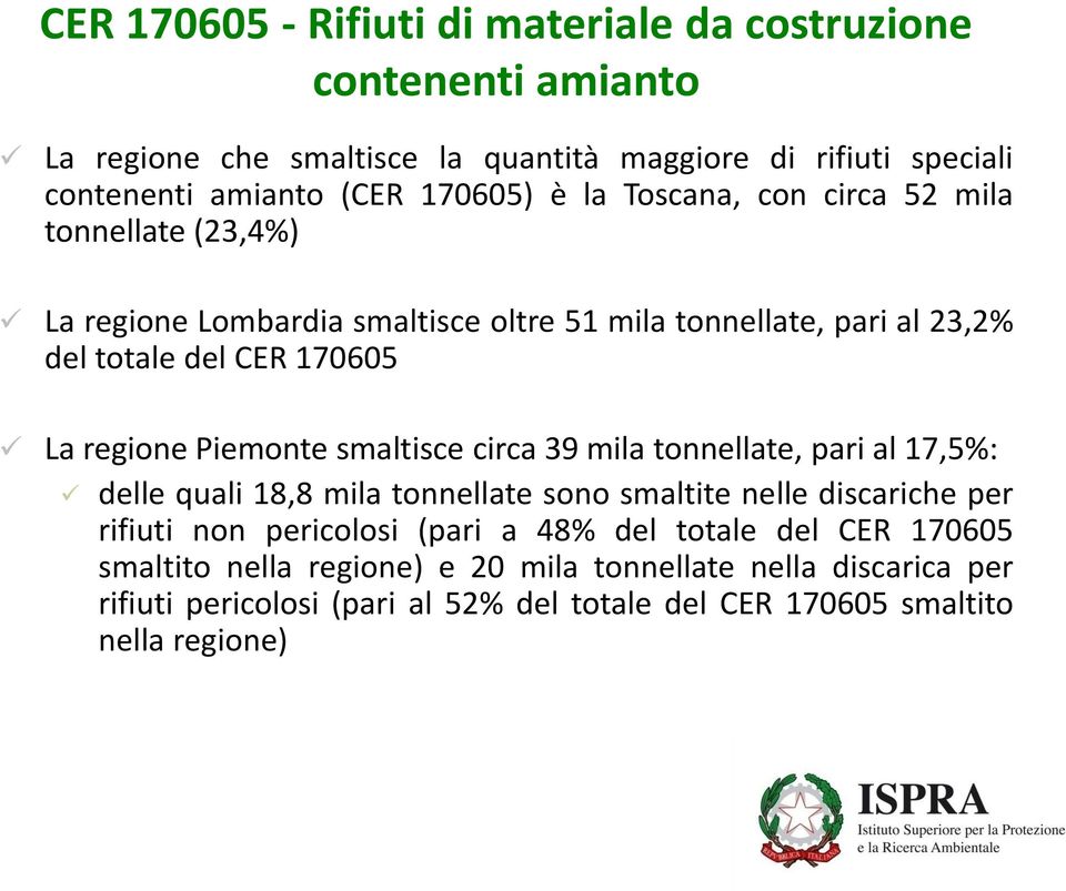 regione Piemonte smaltisce circa 39 mila tonnellate, pari al 17,5%: delle quali 18,8 mila tonnellate sono smaltite nelle discariche per rifiuti non pericolosi (pari
