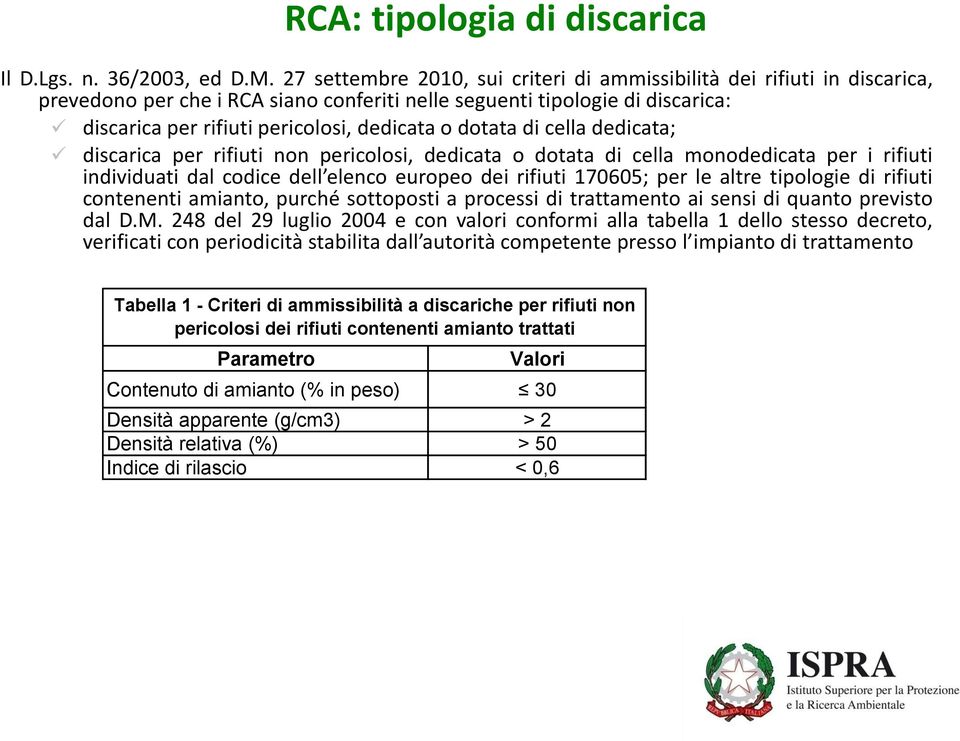 dotata di cella dedicata; discarica per rifiuti non pericolosi, dedicata o dotata di cella monodedicata per i rifiuti individuati dal codice dell elenco europeo dei rifiuti 170605; per le altre