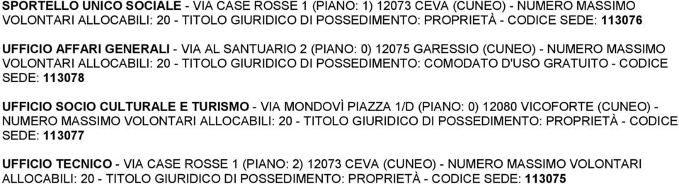 POSSEDIMENTO: COMODATO D'USO GRATUITO - CODICE SEDE: 113078 UFFICIO SOCIO CULTURALE E TURISMO - VIA MONDOVÌ PIAZZA 1/D (PIANO: 0) 12080 VICOFORTE (CUNEO) - SEDE: