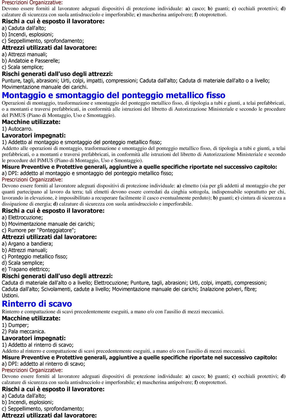 Rischi a cui è esposto il lavoratore: a) Caduta dall'alto; b) Incendi, esplosioni; c) Seppellimento, sprofondamento; Attrezzi utilizzati dal lavoratore: a) Attrezzi manuali; b) Andatoie e Passerelle;