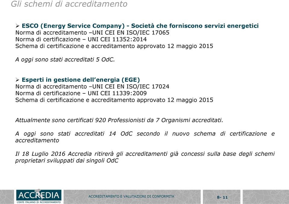 Esperti in gestione dell energia (EGE) Norma di accreditamento UNI CEI EN ISO/IEC 17024 Norma di certificazione UNI CEI 11339:2009 Schema di certificazione e accreditamento approvato 12 maggio 2015