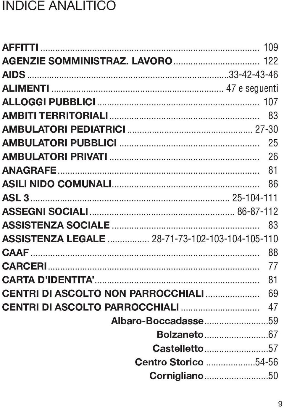 .. 25-104-111 ASSEGNI SOCIALI... 86-87-112 ASSISTENZA SOCIALE... 83 ASSISTENZA LEGALE... 28-71-73-102-103-104-105-110 CAAF... 88 CARCERI... 77 CARTA D IDENTITA.