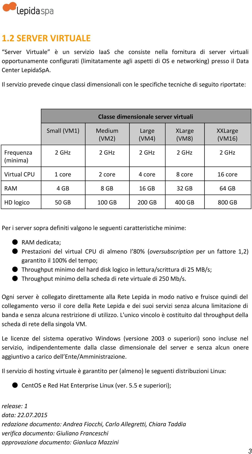 Il servizio prevede cinque classi dimensionali con le specifiche tecniche di seguito riportate: Classe dimensionale server virtuali Small (VM1) Medium (VM2) Large (VM4) XLarge (VM8) XXLarge (VM16)