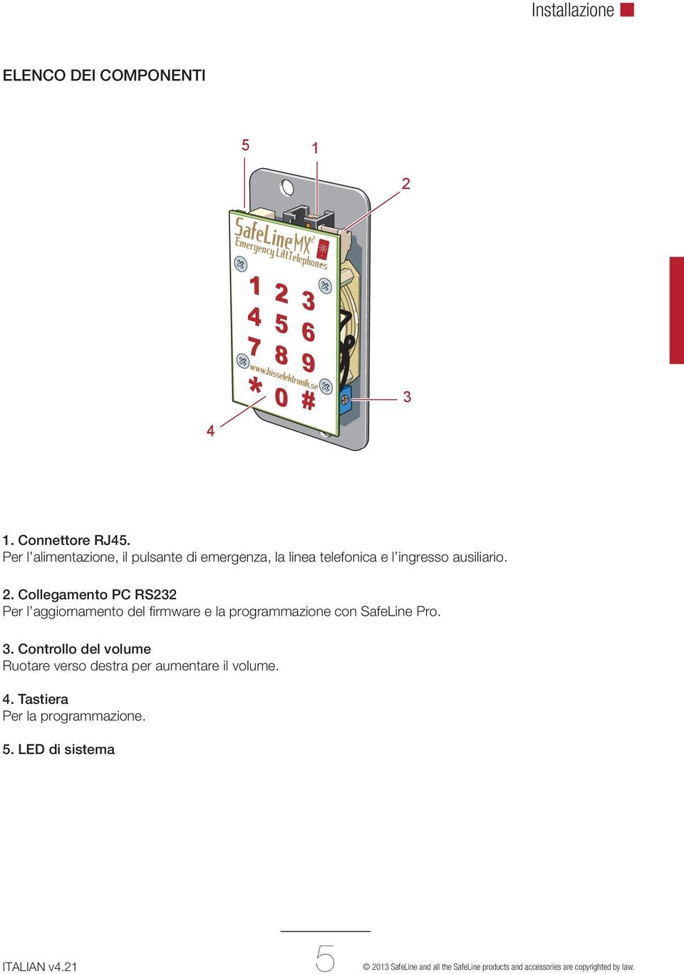 Collegamento PC RS232 Per l aggiornamento del firmware e la programmazione con SafeLine Pro. 3.