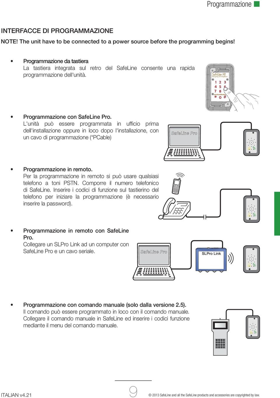 L'unità può essere programmata in ufficio prima dell'installazione oppure in loco dopo l'installazione, con un cavo di programmazione (*PCable) SafeLine Pro Programmazione in remoto.