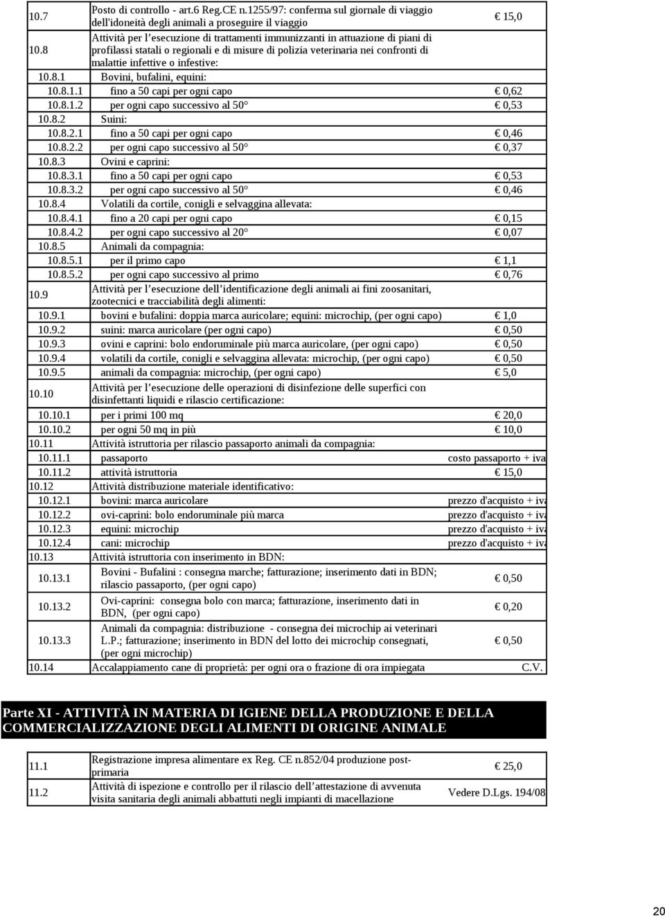 8 profilassi statali o regionali e di misure di polizia veterinaria nei confronti di malattie infettive o infestive: 10.8.1 Bovini, bufalini, equini: 10.8.1.1 fino a 50 capi per ogni capo 0,62 10.8.1.2 per ogni capo successivo al 50 0,53 10.