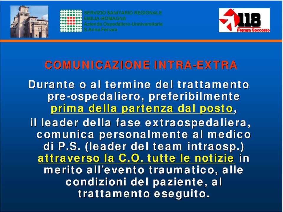 comunica personalmente al medico di P.S. (leader del team intraosp.) attraverso la C.O.