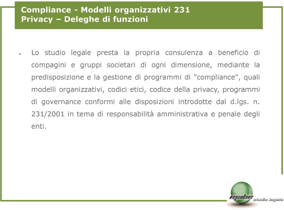 programmi di "compliance", quali modelli organizzativi, codici etici, codice della privacy, programmi di