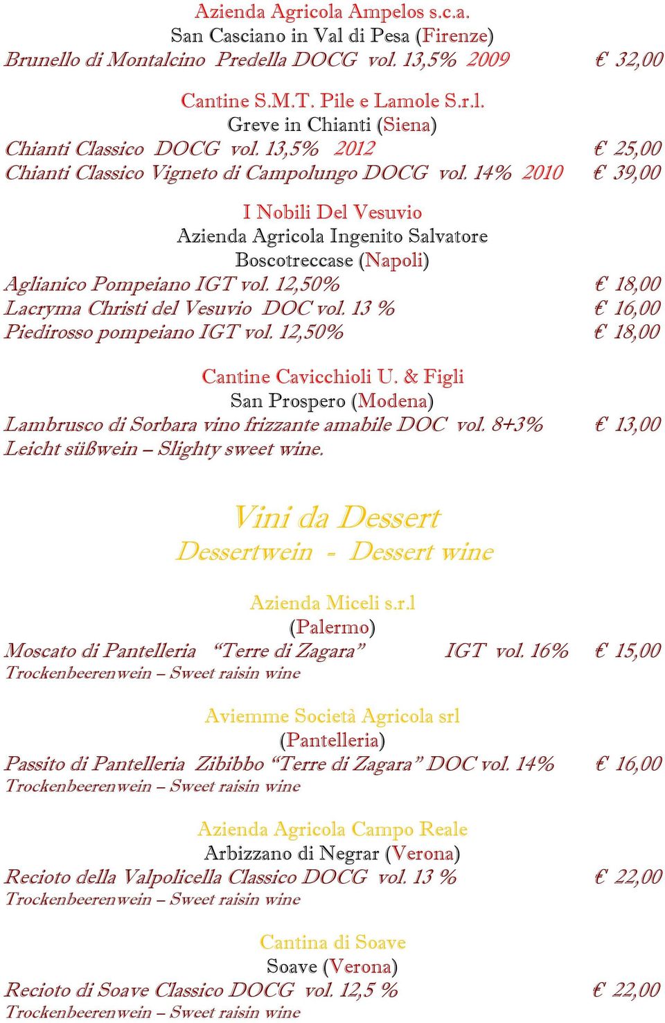12,50% 18,00 Lacryma Christi del Vesuvio DOC vol. 13 % 16,00 Piedirosso pompeiano IGT vol. 12,50% 18,00 Cantine Cavicchioli U.