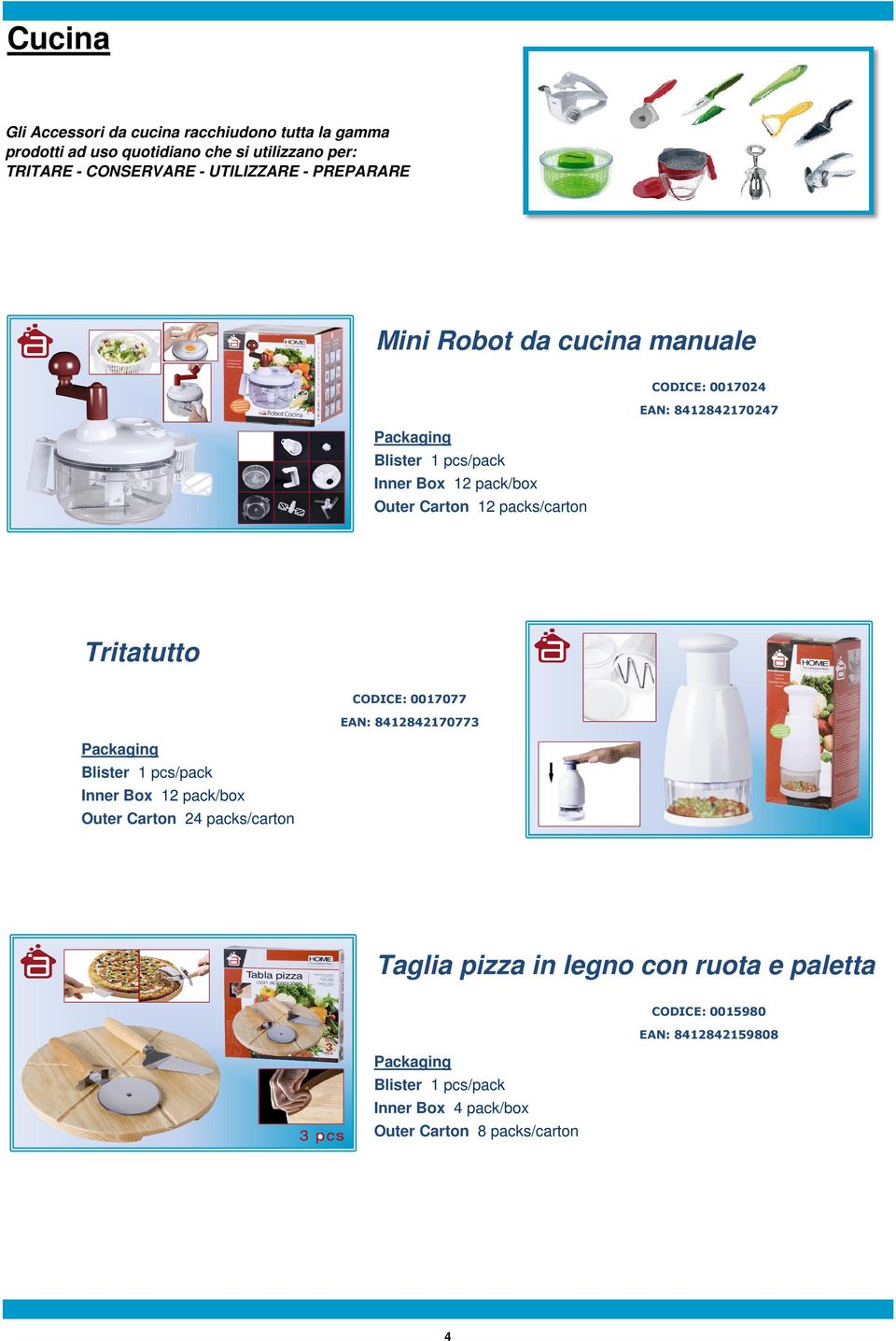 8412842170247 Outer Carton 12 packs/carton Tritatutto CODICE: 0017077 EAN: 8412842170773 Taglia pizza in