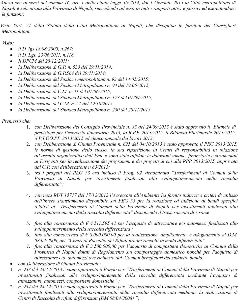 funzioni; Visto l'art. 27 dello Statuto della Città Metropolitana di Napoli, che disciplina le funzioni dei Consiglieri Metropolitani. Visto: il D. lgs 18/08/2000, n.267; il D. Lgs. 23/06/2011, n.118.