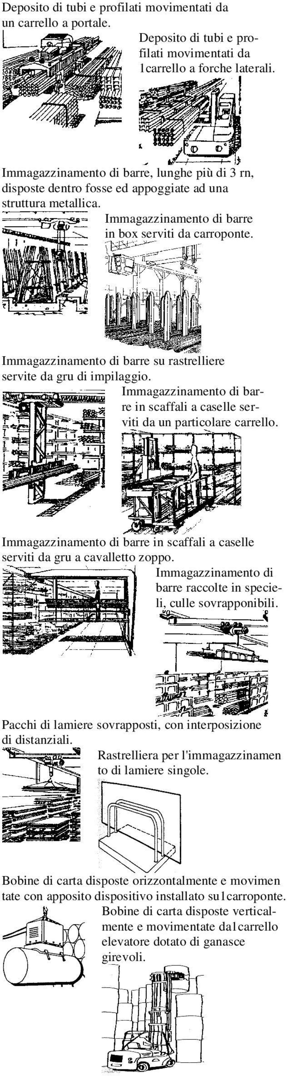 Immagazzinamento di barre su rastrelliere servite da gru di impilaggio. Immagazzinamento di barre in scaffali a caselle serviti da un particolare carrello.