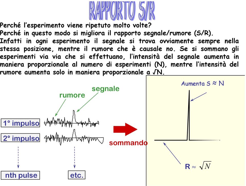 Se si sommano gli esperimenti via via che si effettuano, l intensità del segnale aumenta in maniera proporzionale al numero di