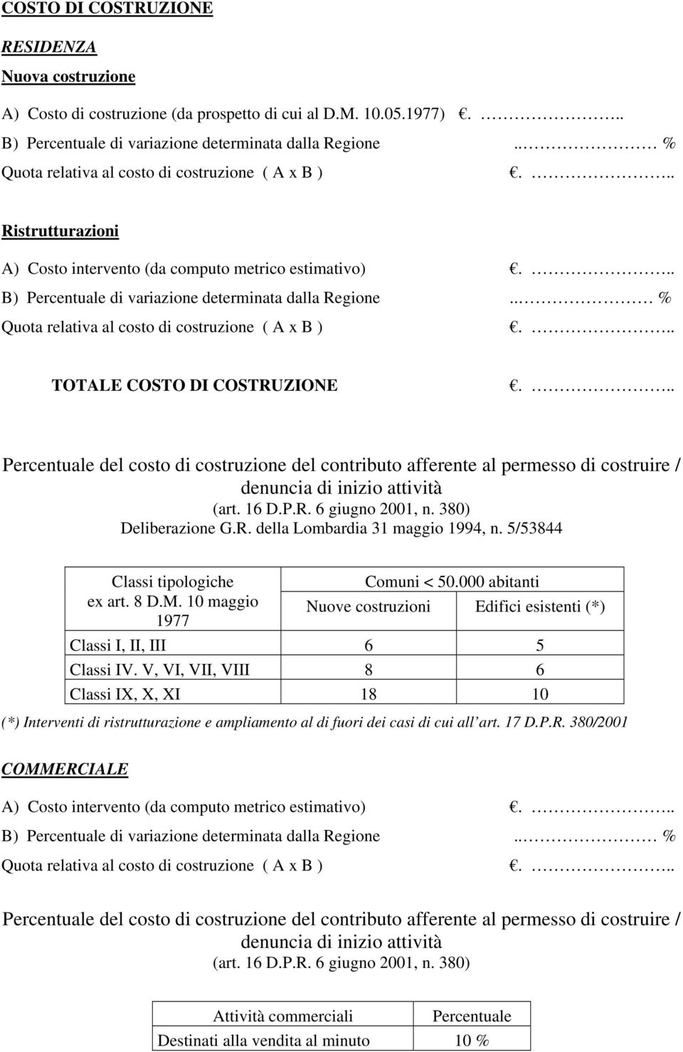 . % Quota relativa al costo di costruzione ( A x B ).. TOTALE COSTO DI COSTRUZIONE.