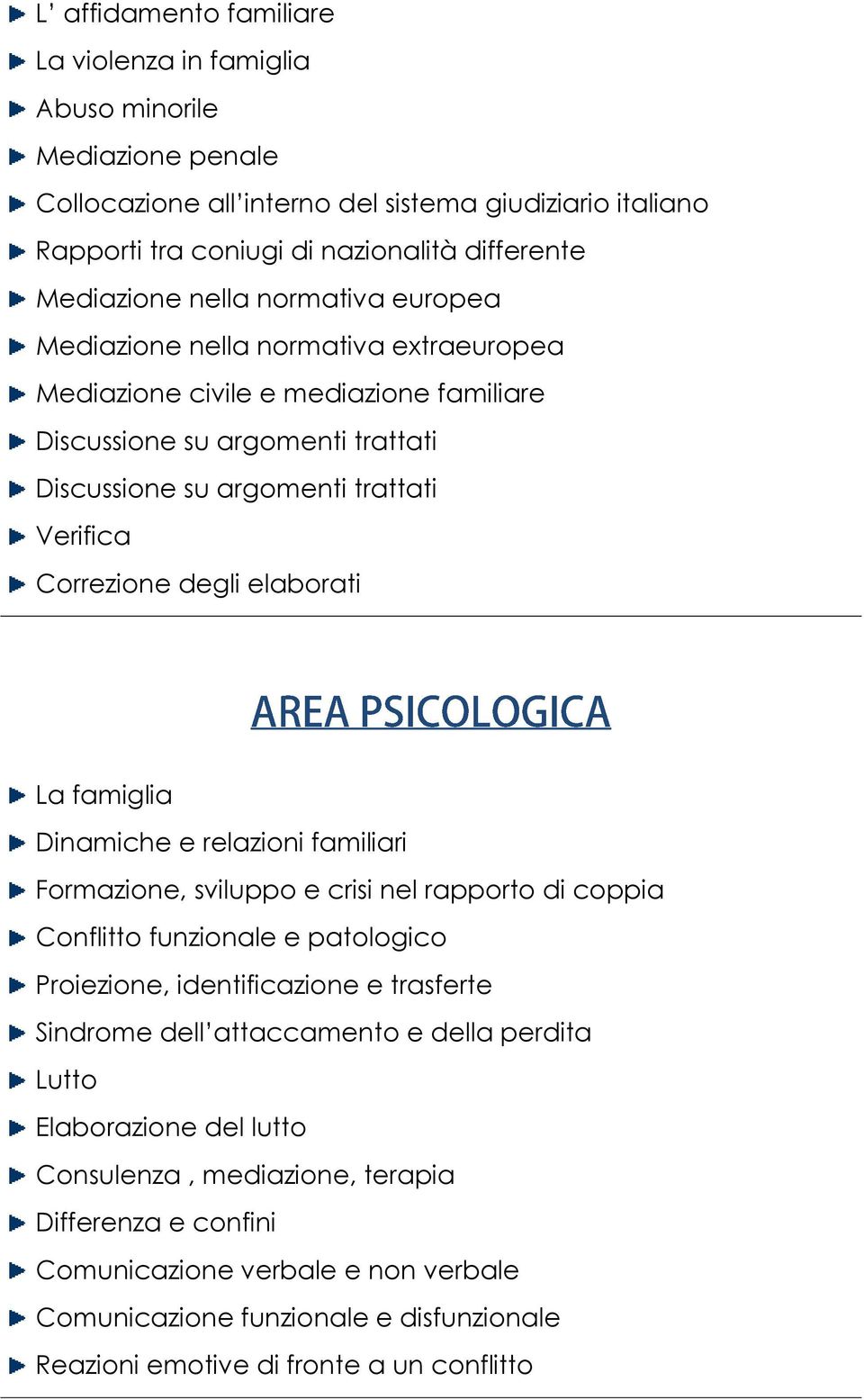 elaborati La famiglia Dinamiche e relazioni familiari Formazione, sviluppo e crisi nel rapporto di coppia Conflitto funzionale e patologico Proiezione, identificazione e trasferte Sindrome dell