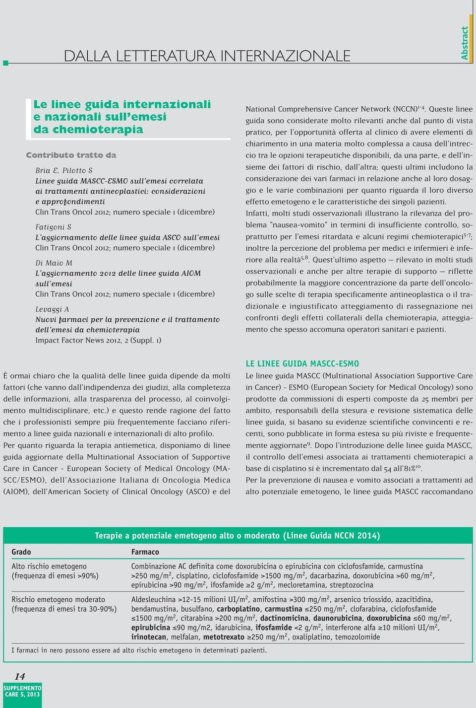 numero speciale 1 (dicembre) Di Maio M L aggiornamento 2012 delle linee guida AIOM sull emesi Clin Trans Oncol 2012; numero speciale 1 (dicembre) Levaggi A Nuovi farmaci per la prevenzione e il